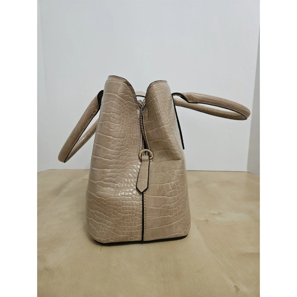 Bebe Beige Faux Croc Embossed Satchel Handbag Double Handle Tote Purse Medium